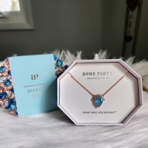 NWT Bomb Party March 2023 Aquamarine Fused Quartz Rose Gold Plated Necklace - Picture 2 of 5